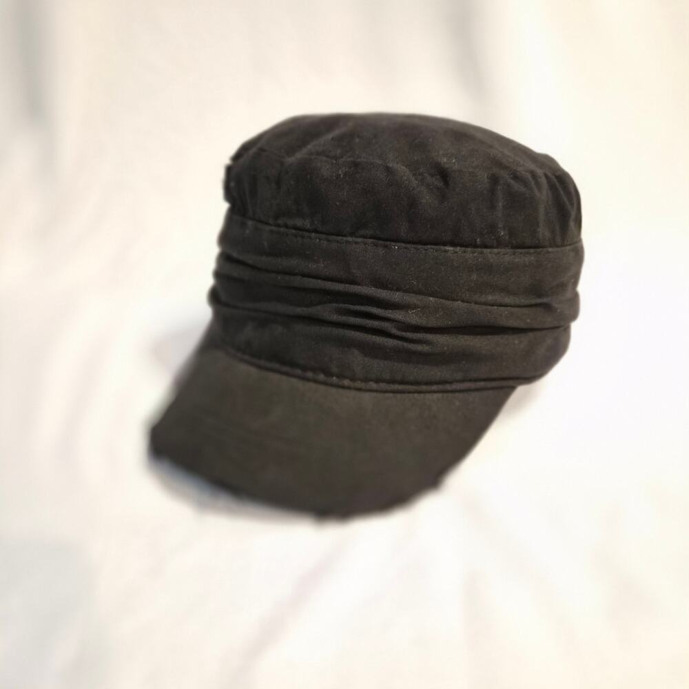 Vintage Y2K Distressed Black Cadet Hat -Pleated Military Style Patrol Grunge Cap